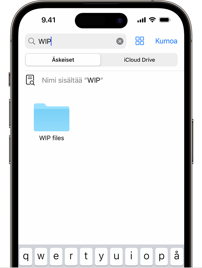 Kuva iPhonen Tiedostot-apista, jossa näkyy WIP-hakusanalla tehty haku ja sen alla olevassa näytössä WIP files ‑kansion kuvake. 