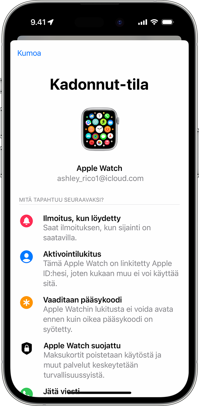 Ota iPhonessa käyttöön Apple Watchin Kadonnut-tila.