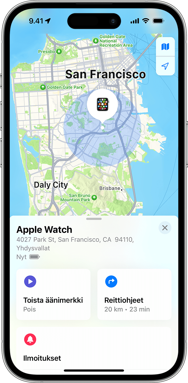 Etsi-toiminto näyttää Apple Watchin likimääräisen sijainnin kartalla