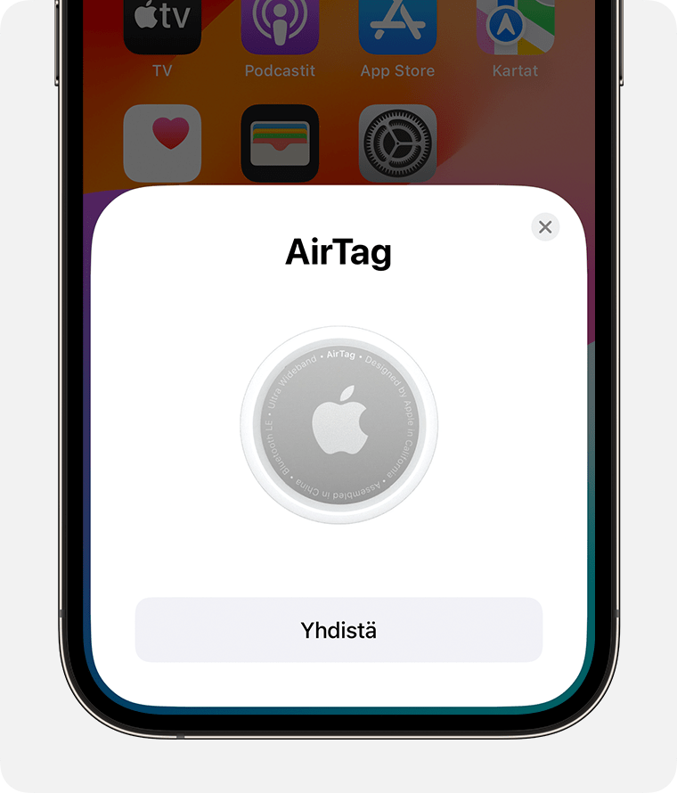 Näet yhteydenmuodostusvaihtoehdon, kun pidät AirTagia iPhonen tai iPadin lähellä.