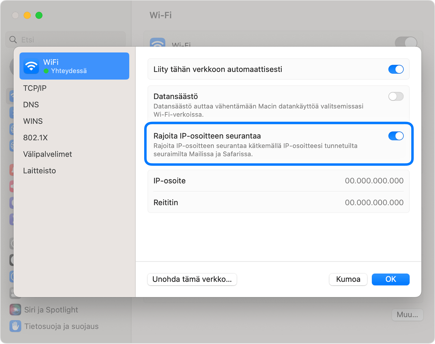 Suojatun lähetyksen poistaminen käytöstä yksittäisessä Wi-Fi-verkossa Macilla