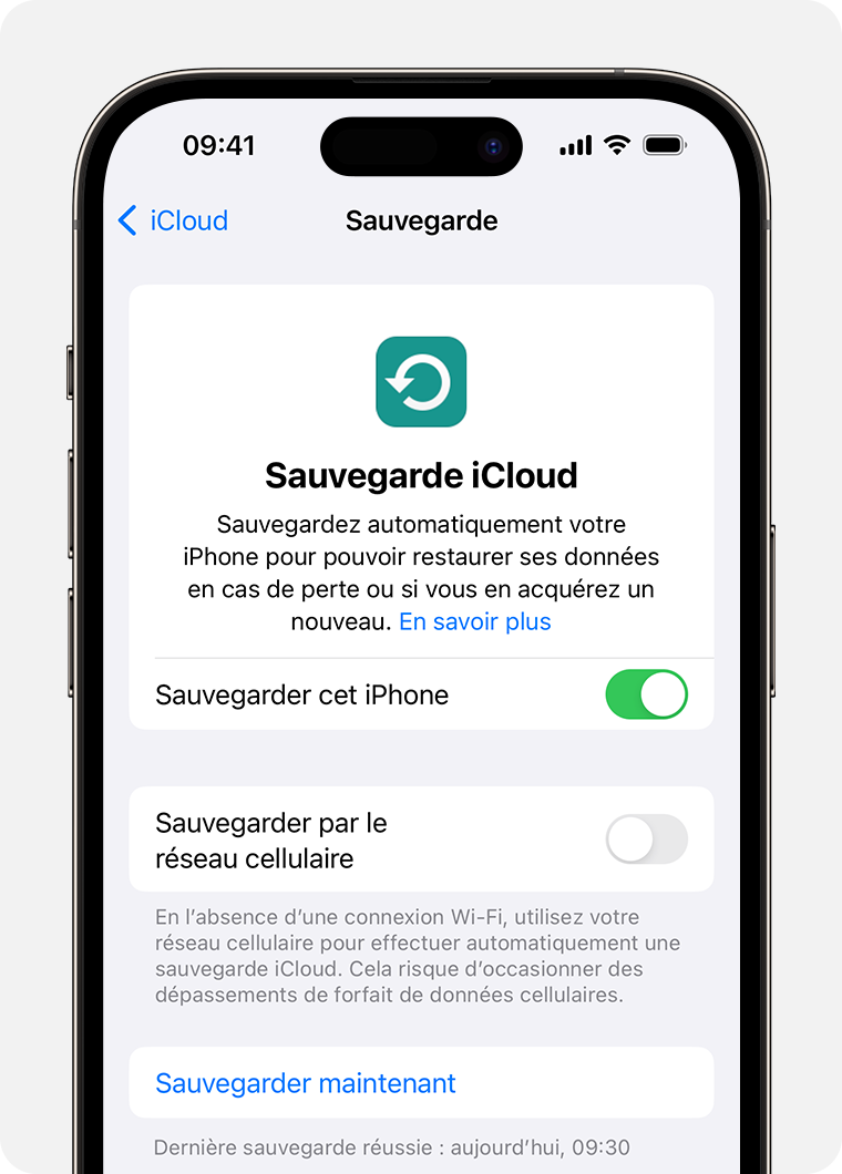 Utilisez Sauvegarde iCloud pour sauvegarder les données sur votre iPhone qui ne sont pas déjà synchronisées avec iCloud.