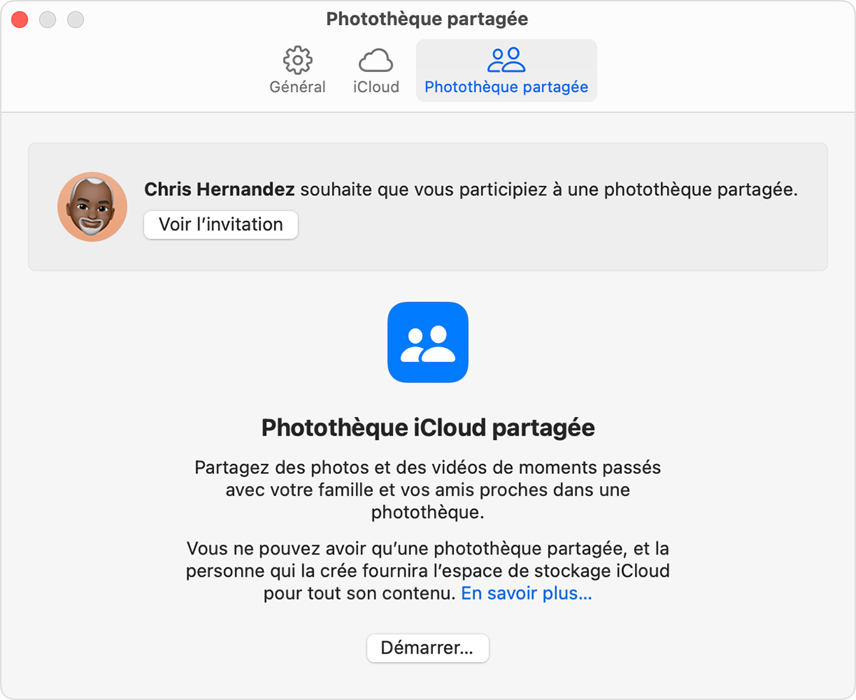 Si vous avez reçu une invitation à la photothèque partagée, vous pouvez la trouver dans la section Réglages de l’app Photos.