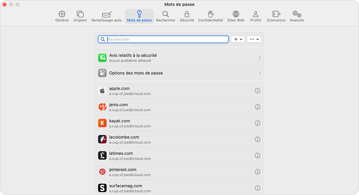 Sur votre Mac, vous pouvez afficher les mots de passe et les clés d’identification enregistrés dans les réglages de Safari.