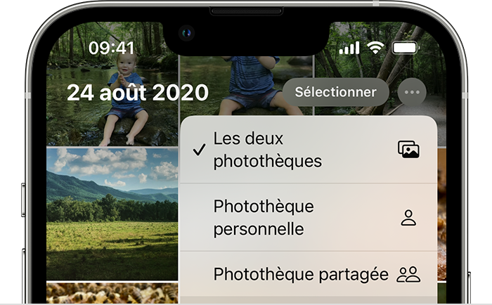La vue Les deux photothèques sélectionnée sur un iPhone.