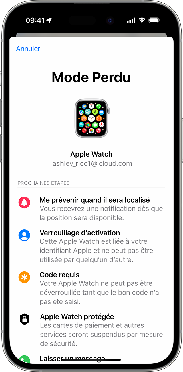 Sur un iPhone, activez le mode Perdu de votre Apple Watch.