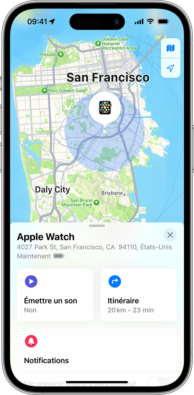 L’app Localiser affiche la position approximative de votre Apple Watch sur une carte.