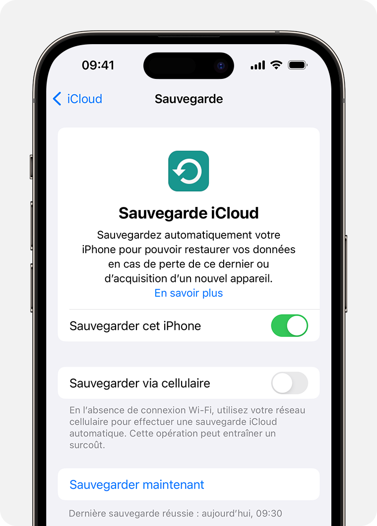 Utilisez la fonctionnalité Sauvegarde iCloud pour sauvegarder les données de votre iPhone qui n’étaient pas encore synchronisées avec iCloud.