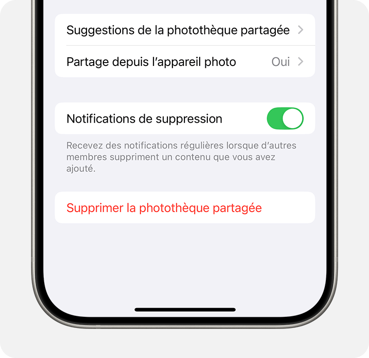 L’option Supprimer la photothèque partagée se trouve en bas de votre écran.