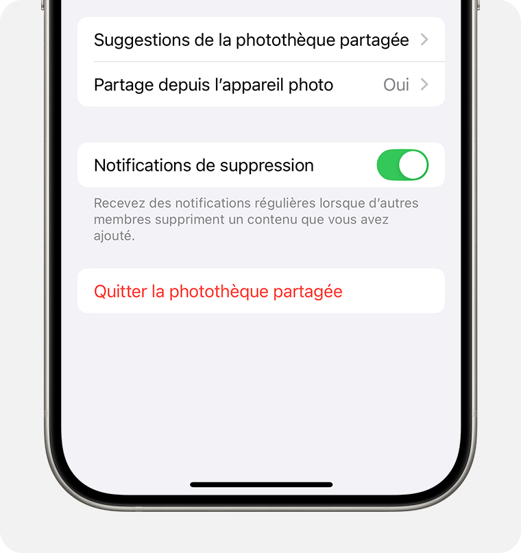 L’option Quitter la photothèque partagée se trouve en bas de votre écran.