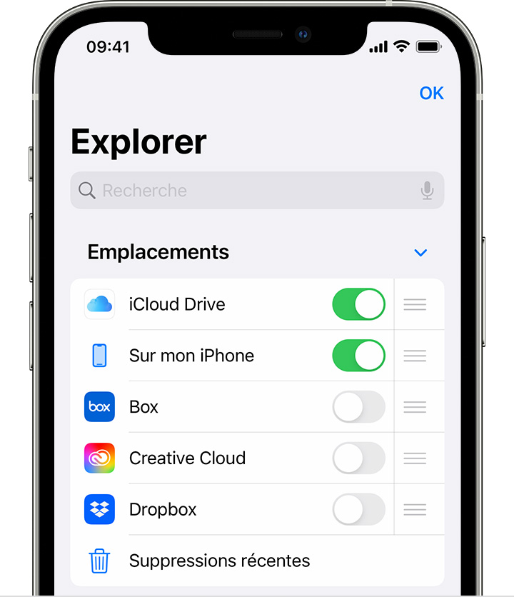 Option Modifier du bouton Plus sur l’écran des emplacements de fichiers sur iPhone 12 sous iOS 15