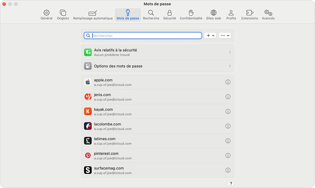 Sur votre Mac, vous pouvez afficher les mots de passe et clés d’identification enregistrés dans les réglages Safari.