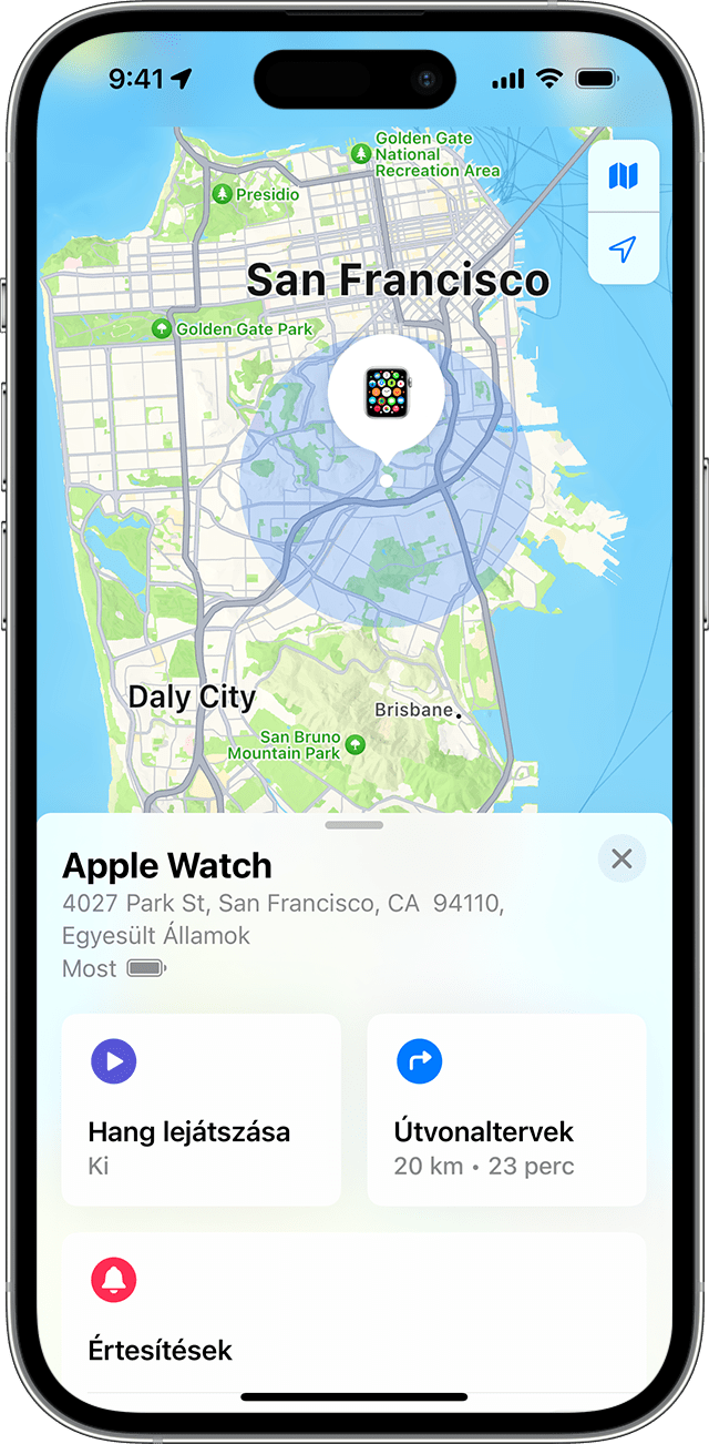 A Lokátor az Apple Watch hozzávetőleges helyét jeleníti meg a térképen