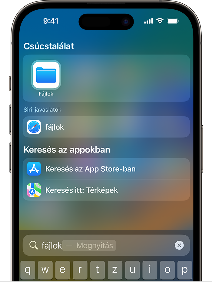Kép egy iPhone-on végzett keresésről. A Fájlok alkalmazás ikonja a képernyő tetején, a Csúcstalálat szakaszban található.