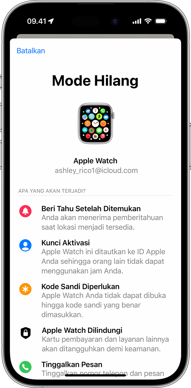 Di iPhone, nyalakan Mode Hilang untuk Apple Watch Anda.