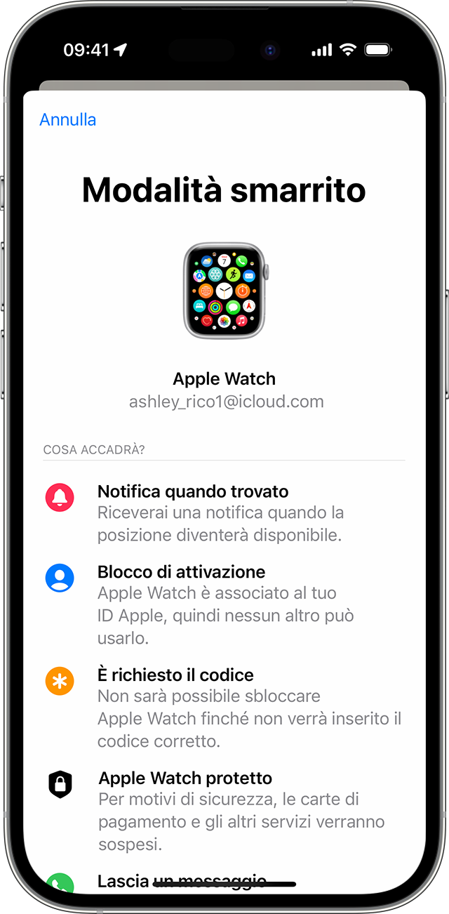 Su iPhone, attiva la Modalità smarrito per l'Apple Watch.