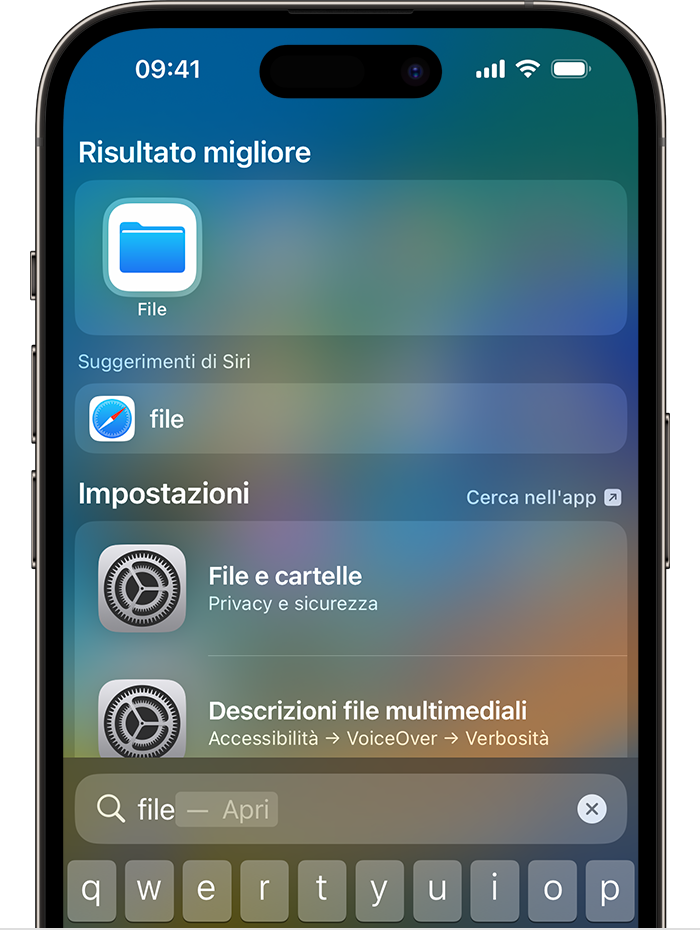 Un'immagine di Cerca su un iPhone. L'icona dell'app File è indicata sotto Risultato migliore nella parte superiore dello schermo.
