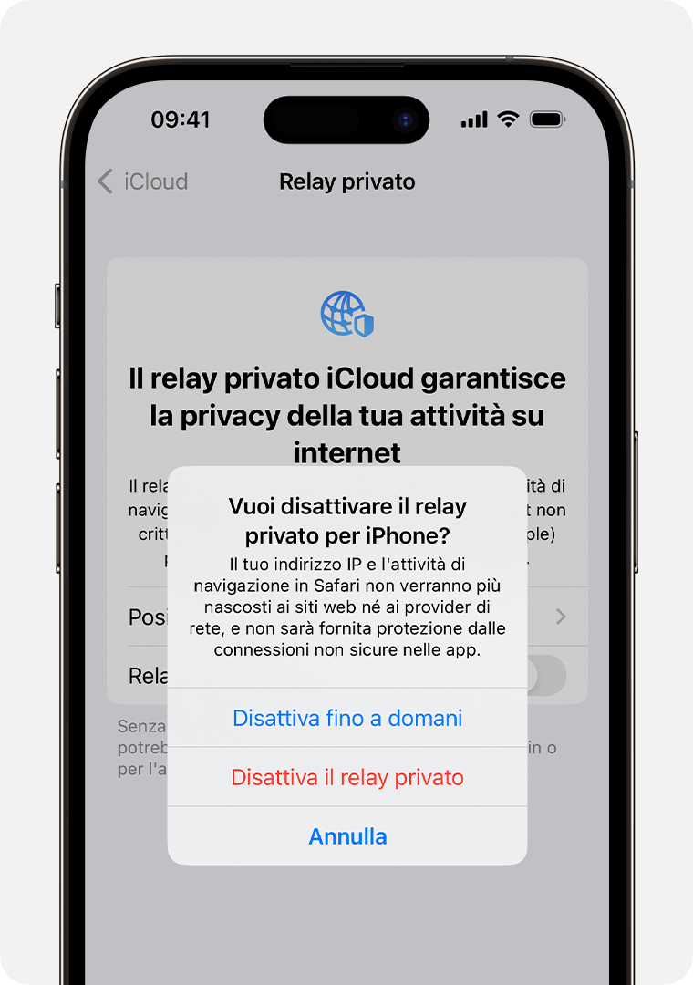 Quando disattivi il relay privato sull'iPhone, ricevi un avviso che indica che il tuo indirizzo IP e l'attività di navigazione in Safari non verranno più nascosti.