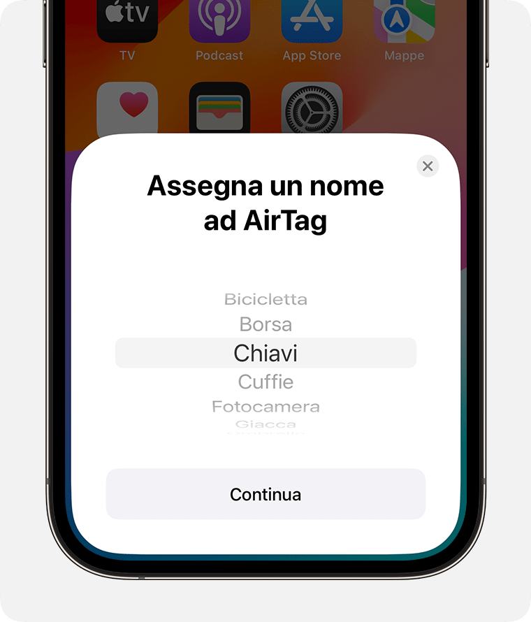 Scegli un nome per l'AirTag dall'elenco o creane uno personalizzato.