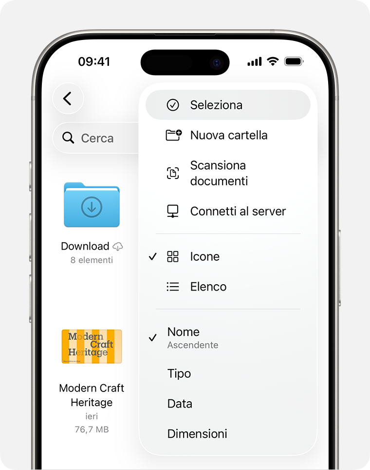 Immagine di un iPhone 16 con iOS 26. Dopo aver toccato il pulsante Altro, Seleziona viene visualizzato nella parte superiore del menu. 