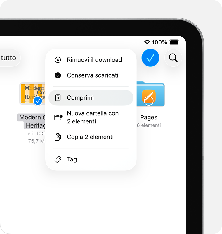 In iPadOS 26, dopo aver toccato il pulsante Altro, Comprimi viene visualizzato nel menu che appare.
