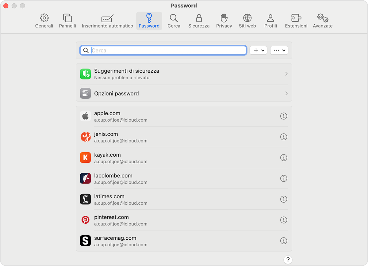 Sul tuo Mac, puoi visualizzare le password e le passkey salvate in Impostazioni di Safari.