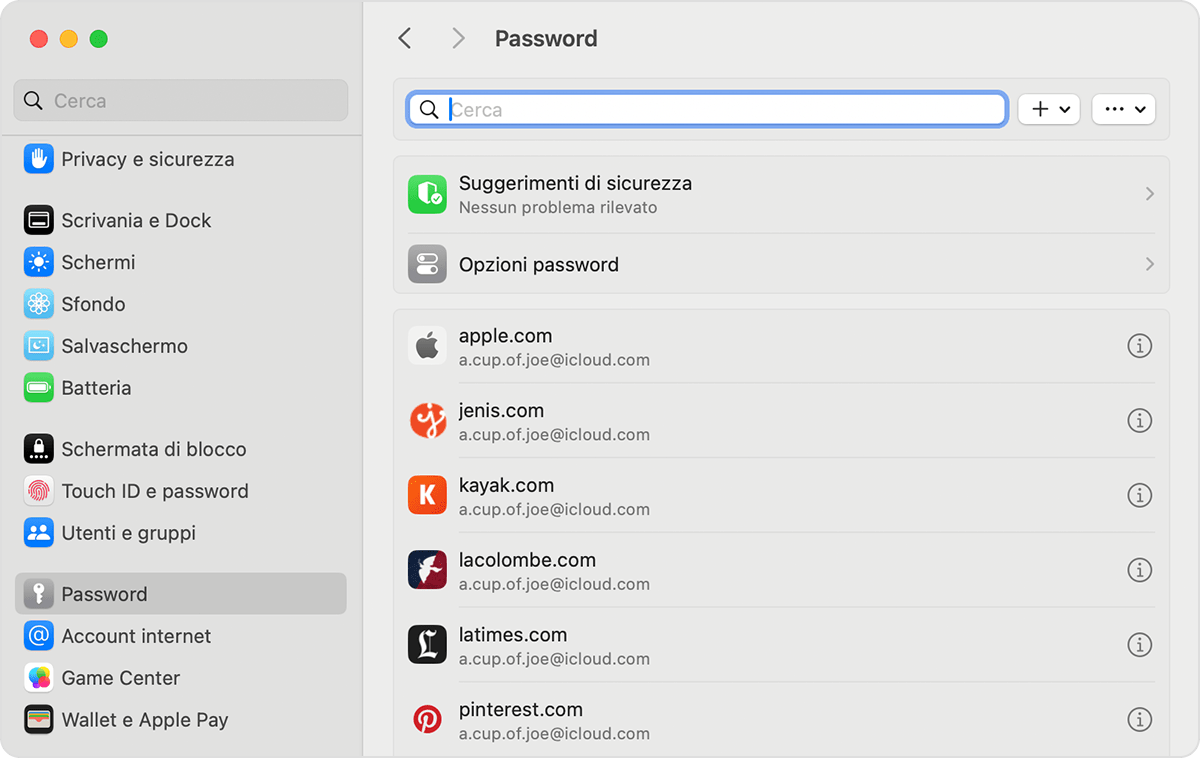 Puoi trovare le tue password e le passkey salvate in Impostazioni sul Mac.