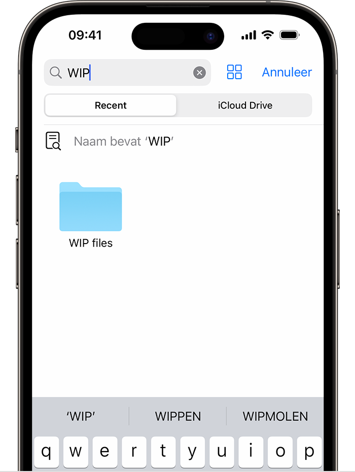 Een afbeelding van de Bestanden-app op een iPhone met een zoekopdracht naar 'WIP' en daaronder een symbool voor de map 'WIP files' op het scherm. 