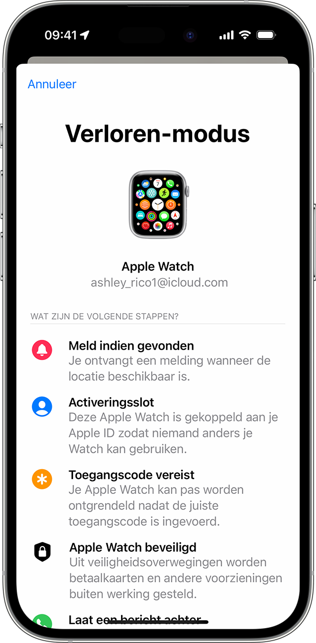 Schakel op de iPhone de Verloren-modus voor je Apple Watch in.