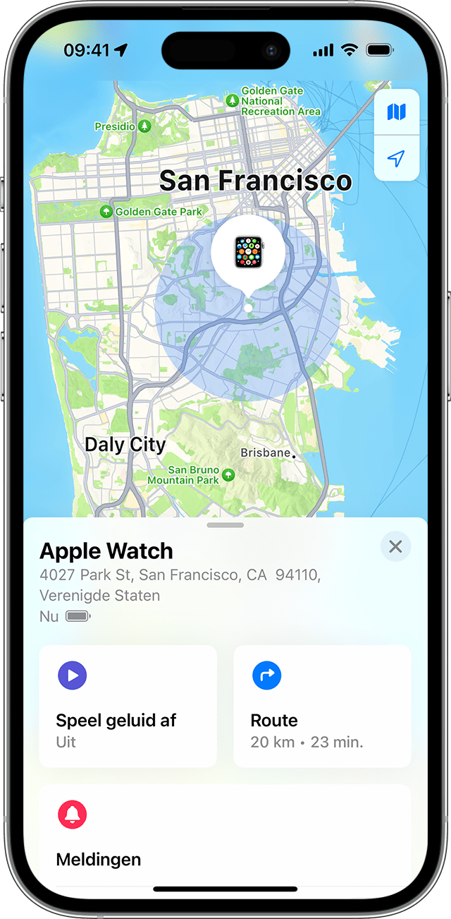 'Zoek mijn' toont de geschatte locatie van je Apple Watch op een kaart