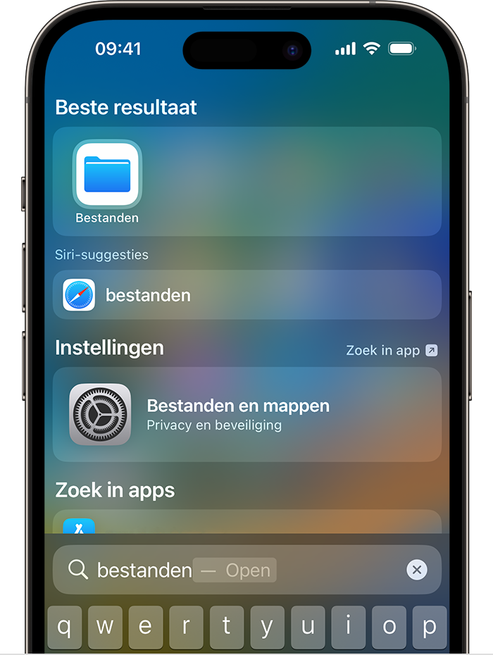 Een afbeelding van 'Zoek' op een iPhone. Het symbool van de Bestanden-app staat onder 'Beste resultaat' bovenaan het scherm.