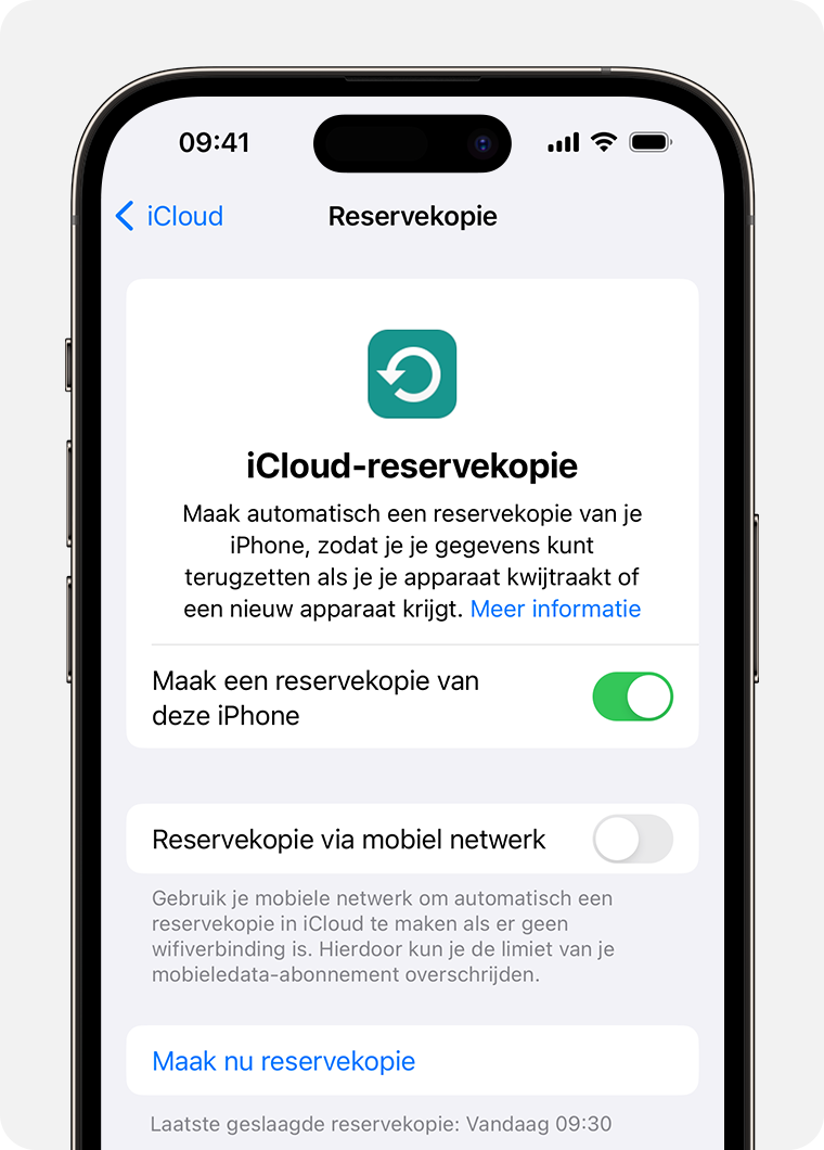 Gebruik iCloud-reservekopie om een reservekopie te maken van de gegevens op je iPhone die niet worden gesynchroniseerd naar iCloud.