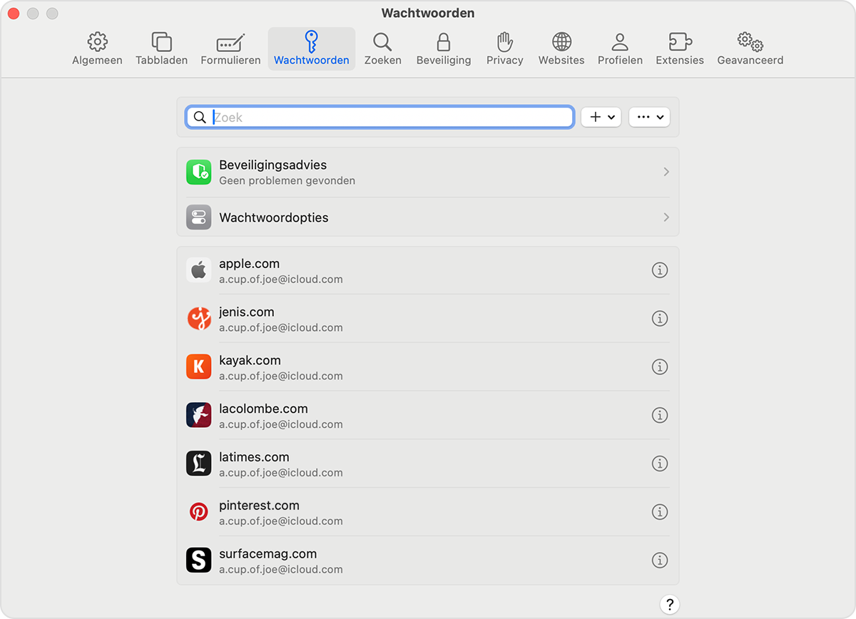 Op je Mac kun je bewaarde wachtwoorden en passkeys bekijken in de Safari-instellingen.