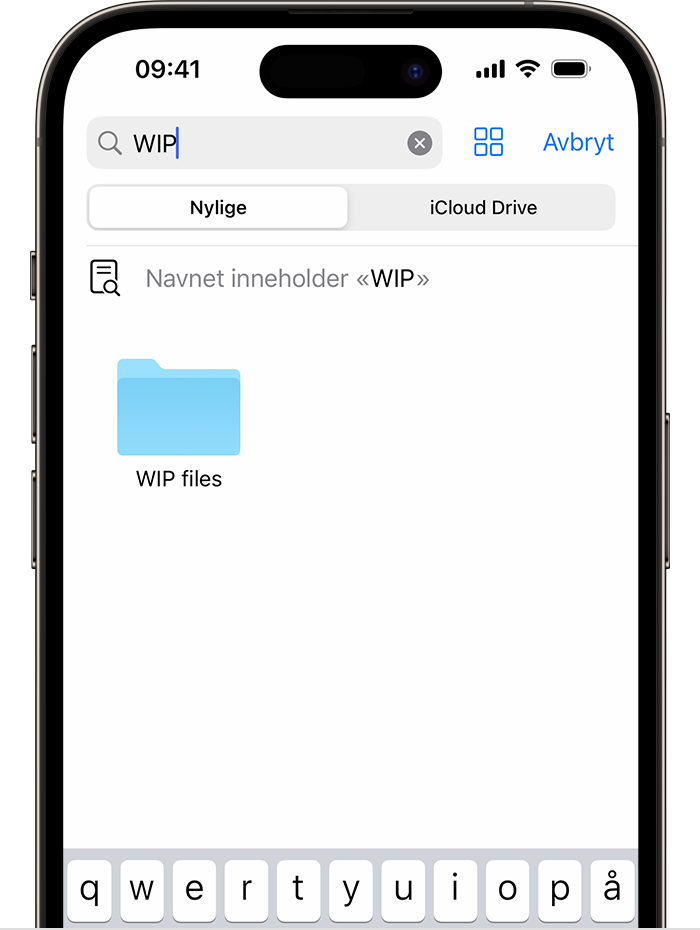 Et bilde av Filer-appen på iPhone som viser et søk etter «WIP» og et «WIP-filer»-mappesymbol nedenfor på skjermen. 