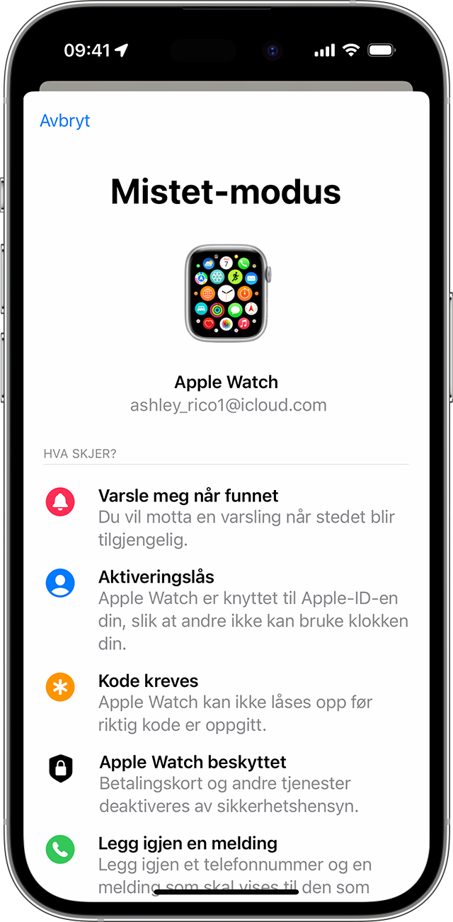 På iPhone slår du på Mistet-modus for Apple Watch.