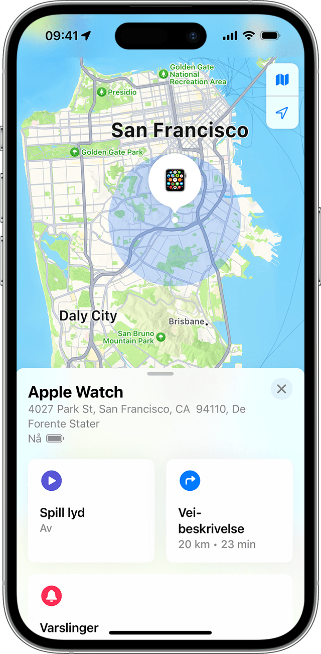 Hvor er? viser den omtrentlige posisjonen til Apple Watch på et kart