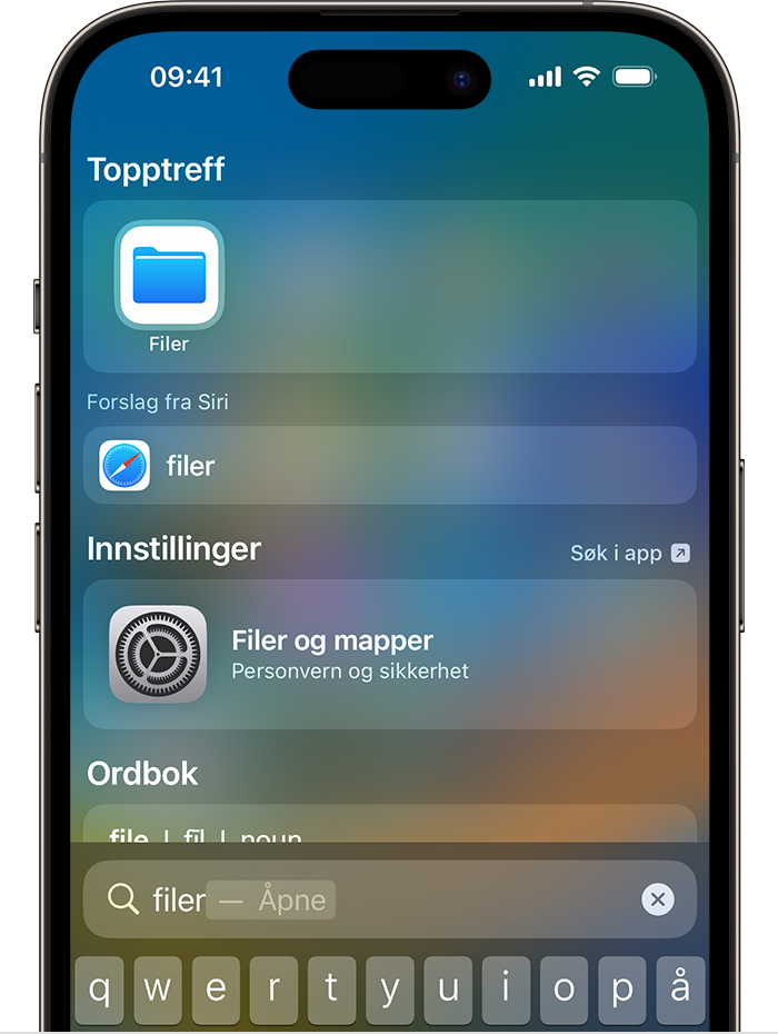 Et bilde av Søk på en iPhone. Filer-appsymbolet er oppført under Topptreff øverst på skjermen.