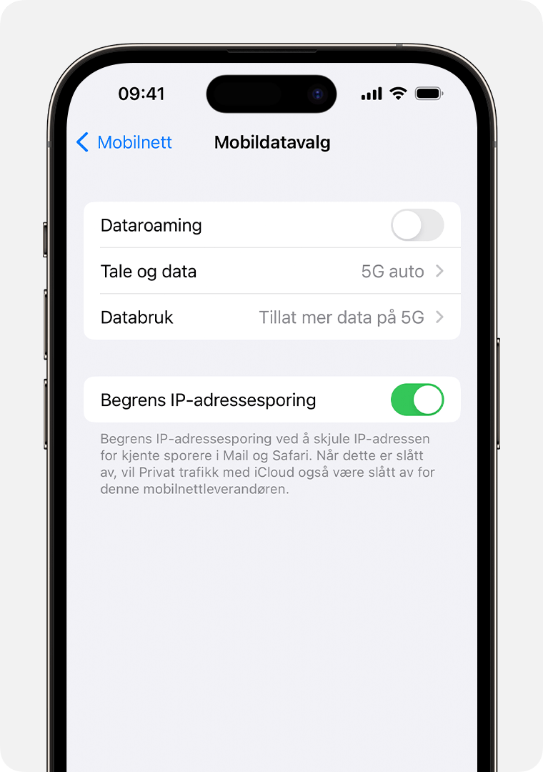 Slå av Privat trafikk for et spesifikt mobilnettverk i Innstillinger på iPhone