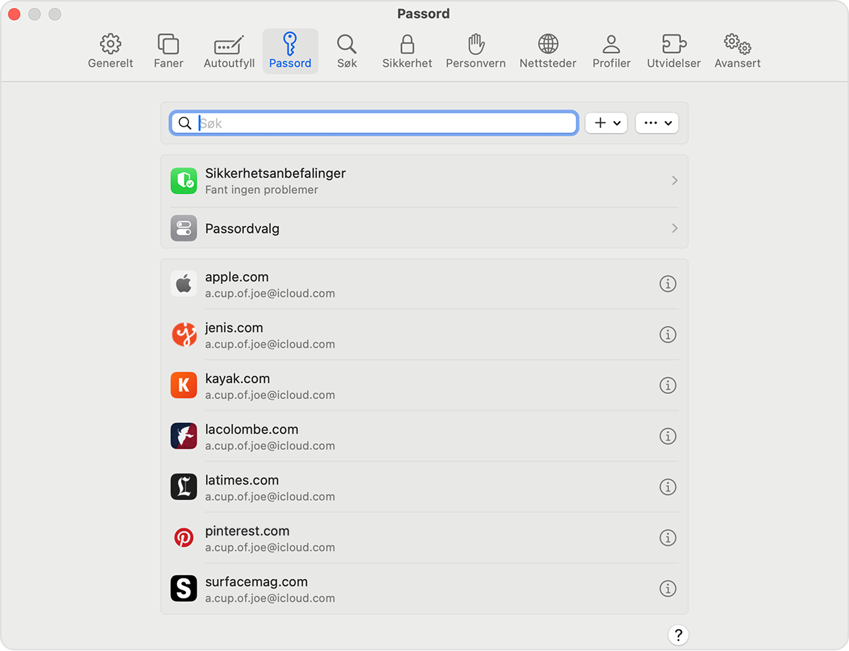 På Mac kan du se lagrede passord og tilgangsnøkler i Safari-innstillingene.