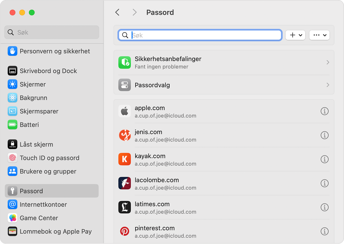Du kan finne lagrede passord og tilgangsnøkler i Innstillinger på Mac.