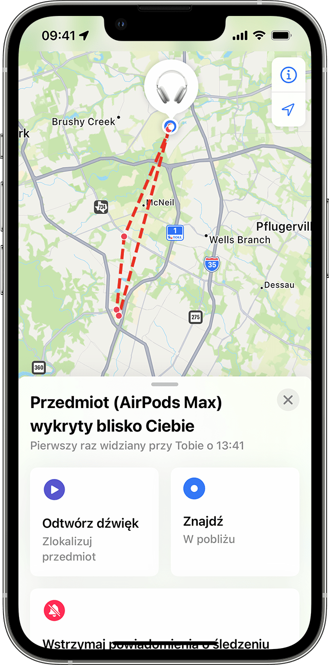 Nieznany przedmiot wyświetlany na mapie w aplikacji Znajdź na iPhonie