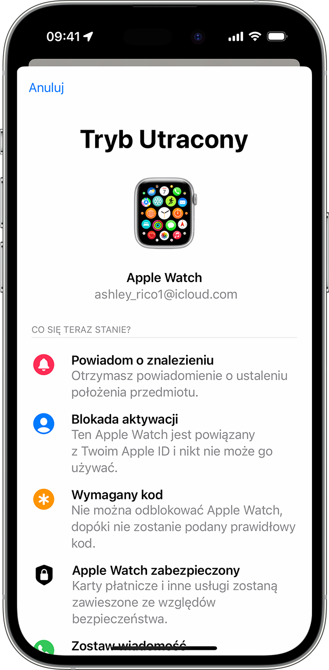 Na iPhonie włącz tryb Utracony dla Apple Watch.