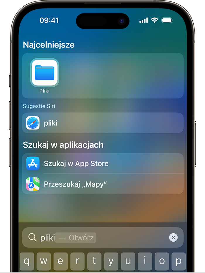 Obraz opcji Szukaj na iPhonie. Ikona aplikacji Pliki jest wyświetlana w obszarze Najcelniejsze u góry ekranu.