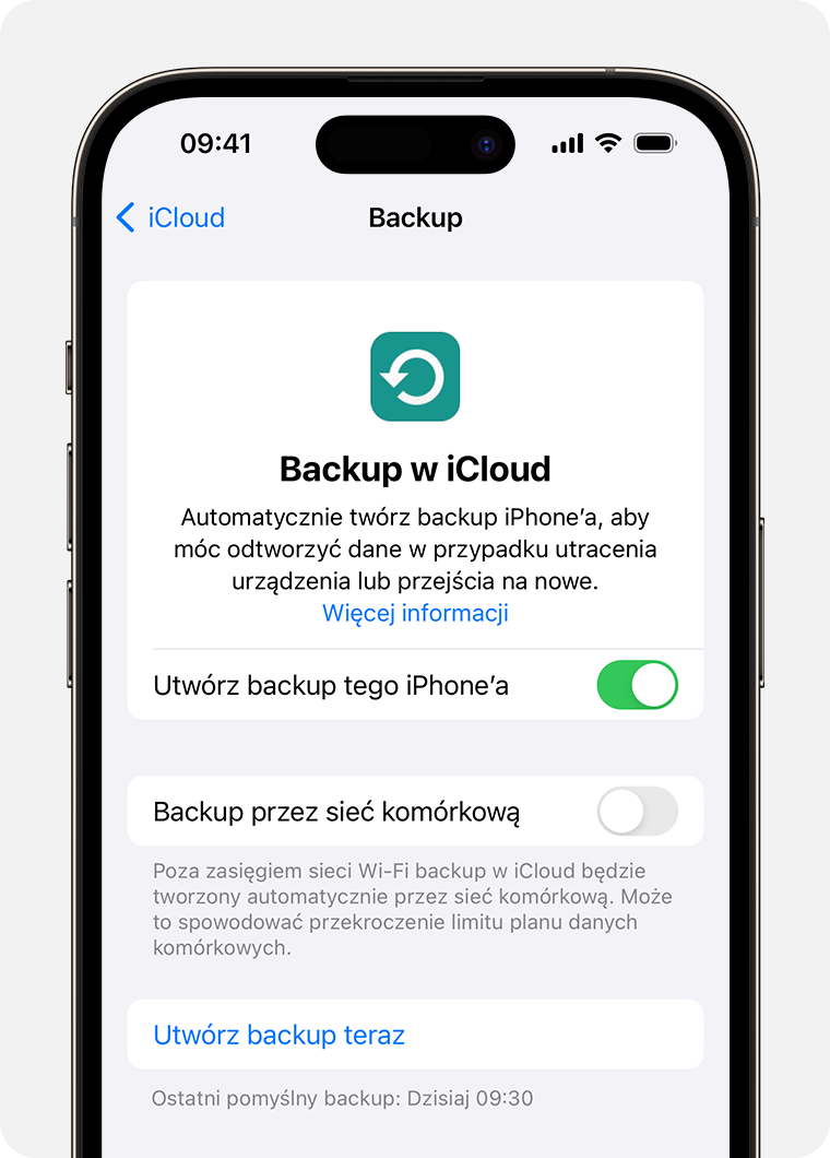 Użyj usługi Backup w iCloud, aby utworzyć backup danych na iPhonie, które nie są jeszcze zsynchronizowane z iCloud.