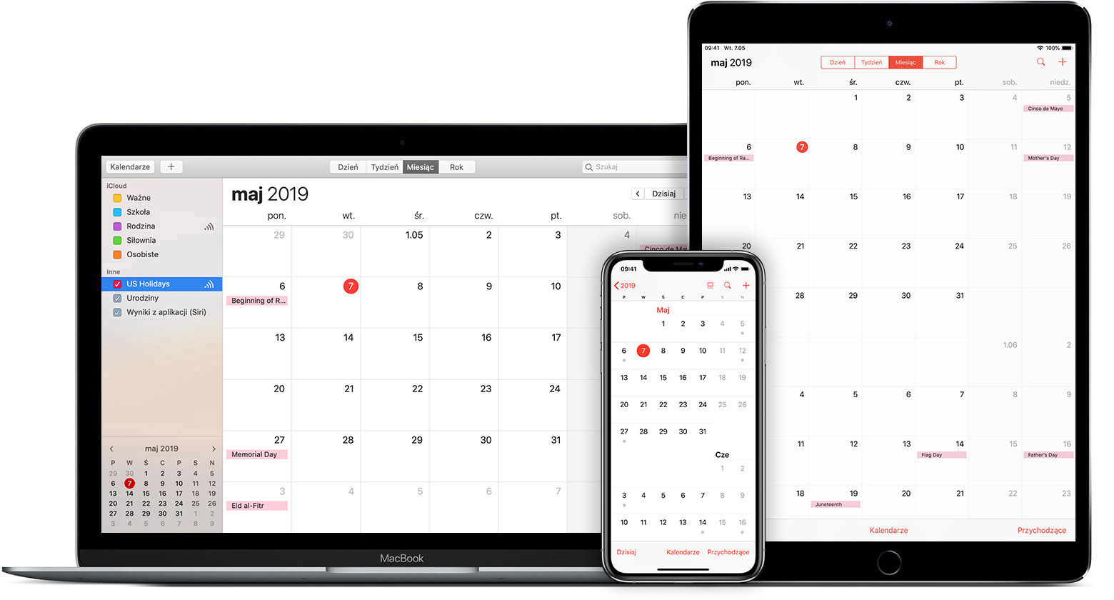 Komputer Mac, iPad i telefon iPhone wyświetlające kalendarz iCloud
