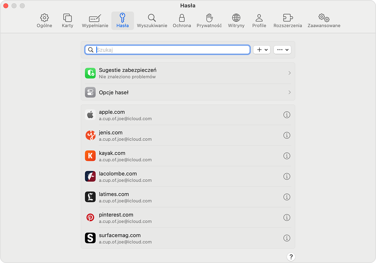 Na Macu możesz przeglądać zachowane hasła i klucze w ustawieniach Safari.