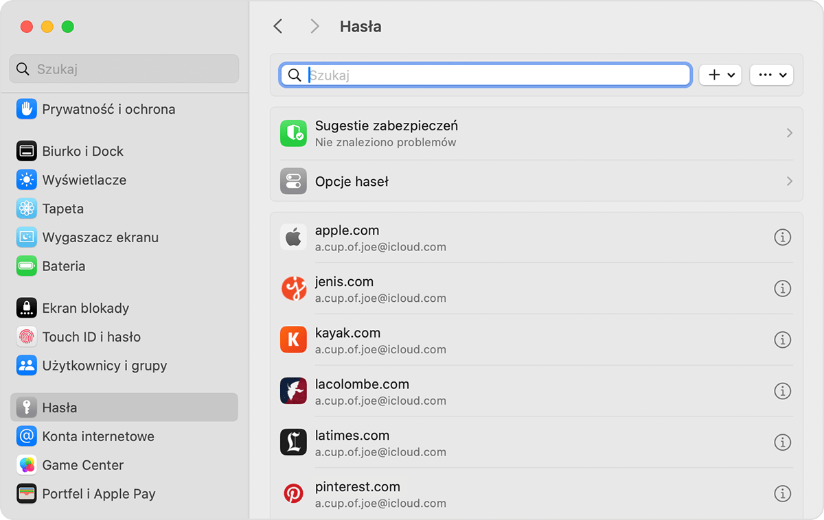 Zachowane hasła i klucze znajdziesz w Ustawieniach na Macu.
