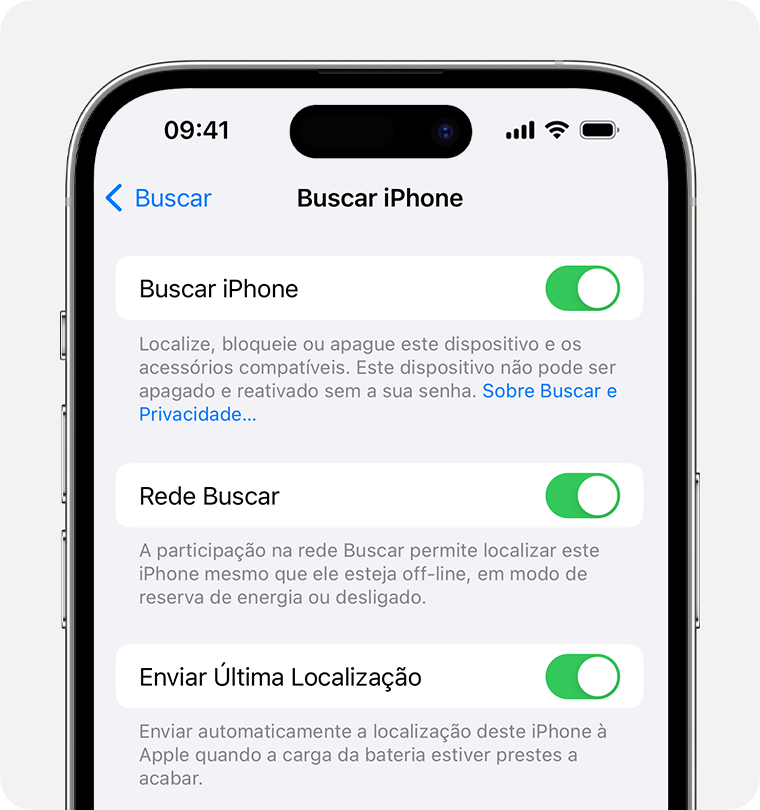 Nos Ajustes do iPhone, você pode ativar o Buscar e a rede do Buscar.