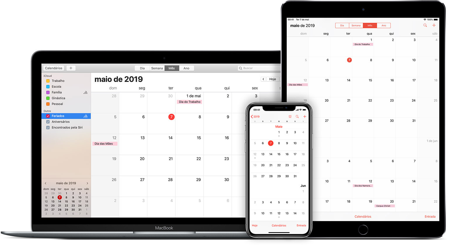 Mac, iPad e iPhone mostrando o calendário do iCloud