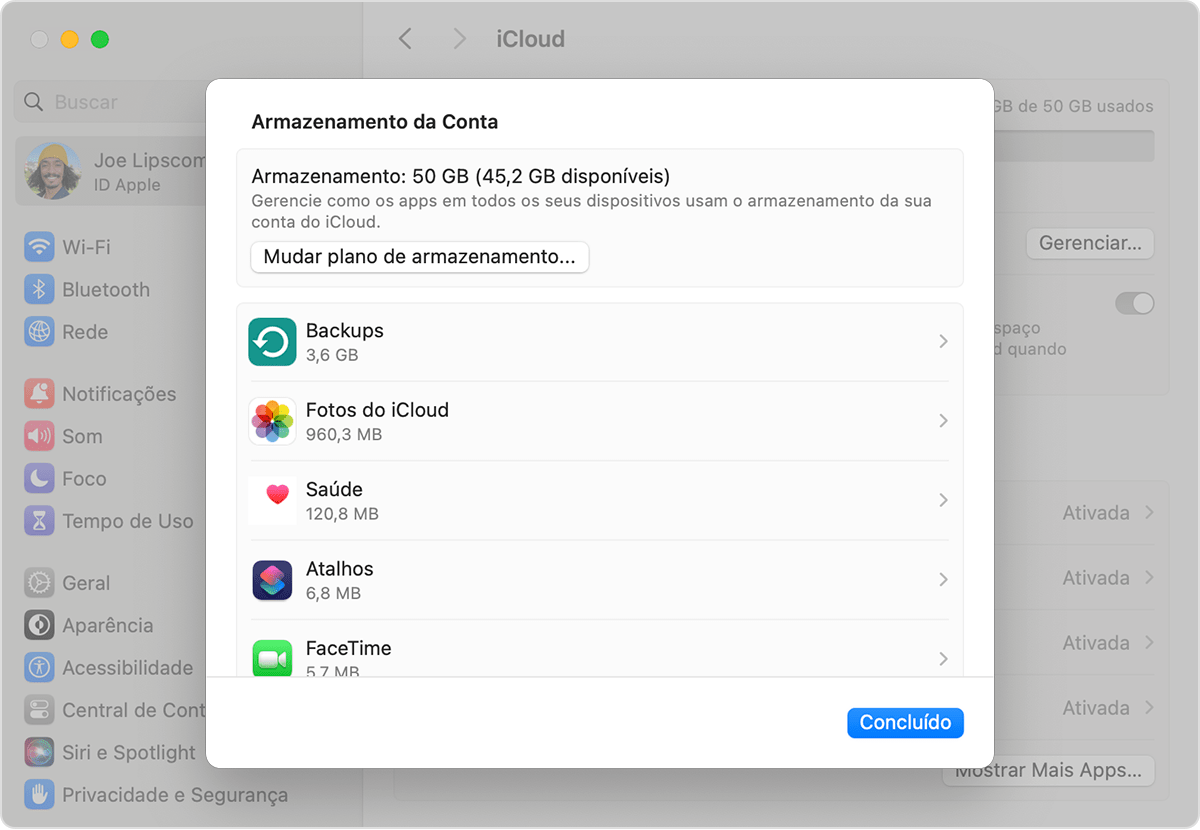 O botão Mudar Armazenamento está abaixo do plano de armazenamento do iCloud e do armazenamento disponível.